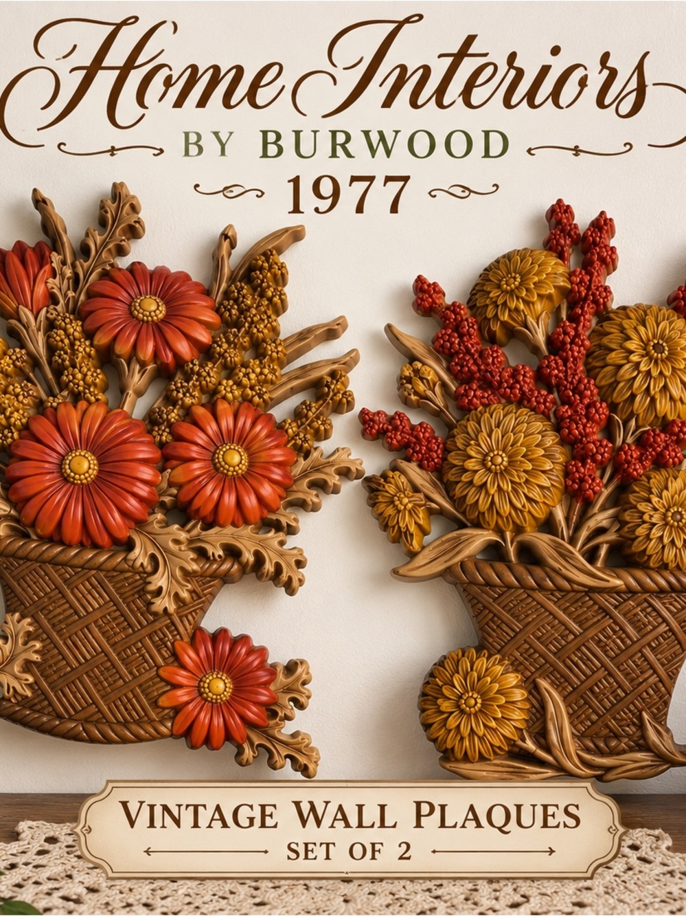 Vintage 1977 Home Interiors Burwood Floral Basket Wall Plaques Set 2